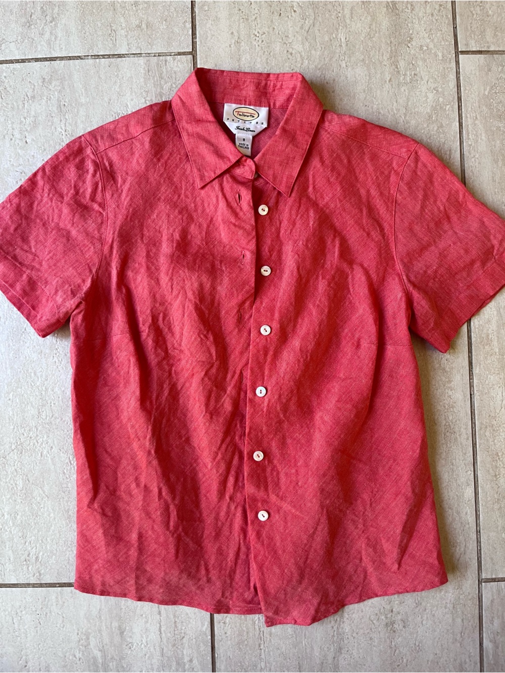Talbots Irish Linen Button Up Shirt Coral Short Sleeve Petite 8